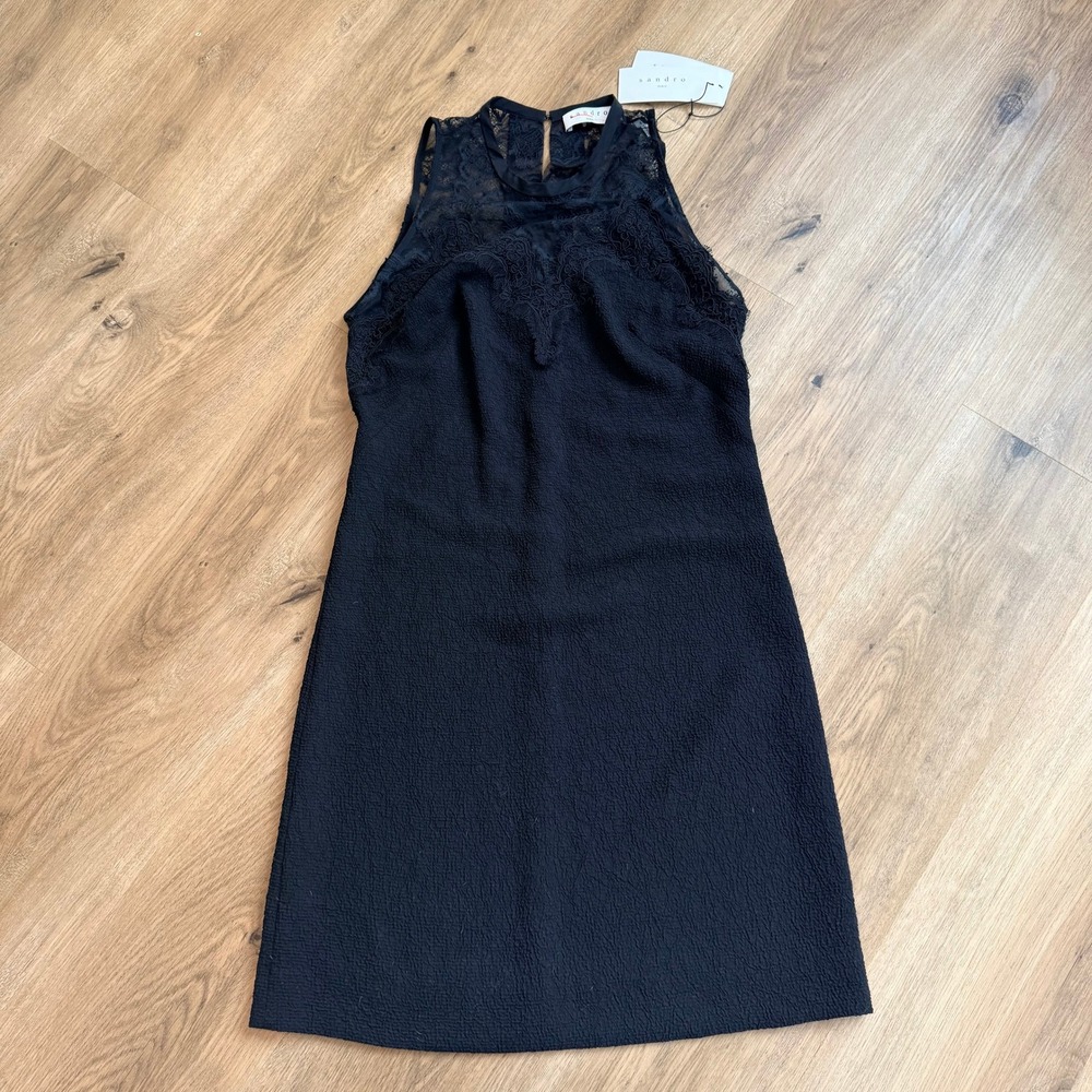 NWT SANDRO Paris Loverme Noir Black Lace Detail Sheath Dress Size 1‎